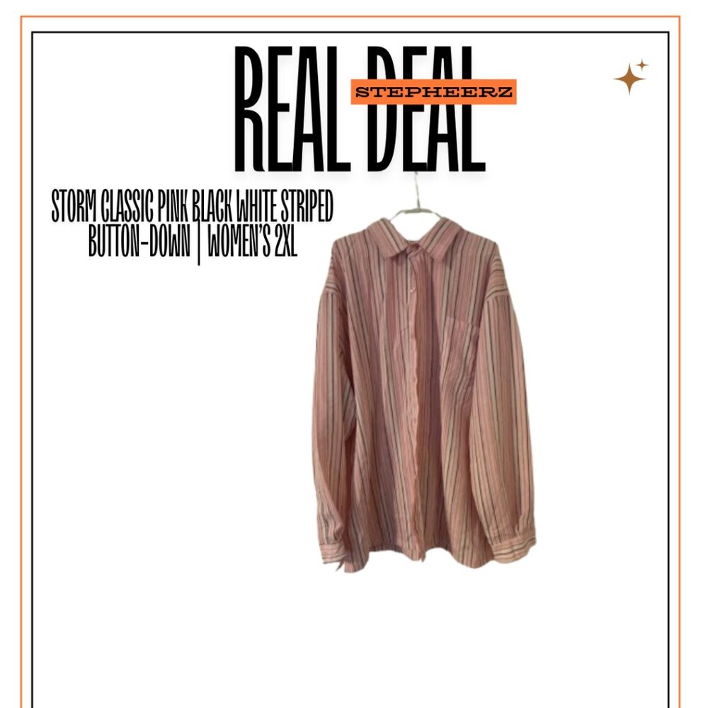 Classic Pink Black White Striped Button-Down | Women’s 2XL